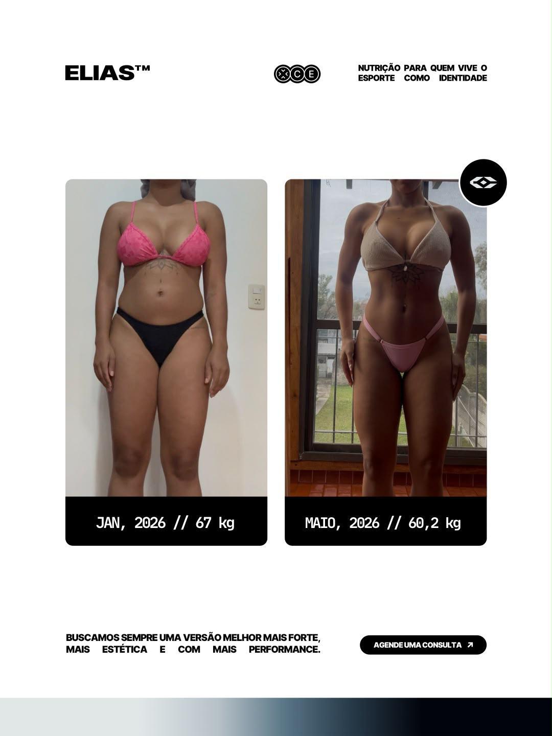 Transformação Emagrecimento Feminino — Jan, 2026 · 67 kg → Mai, 2026 · 60,2 kg