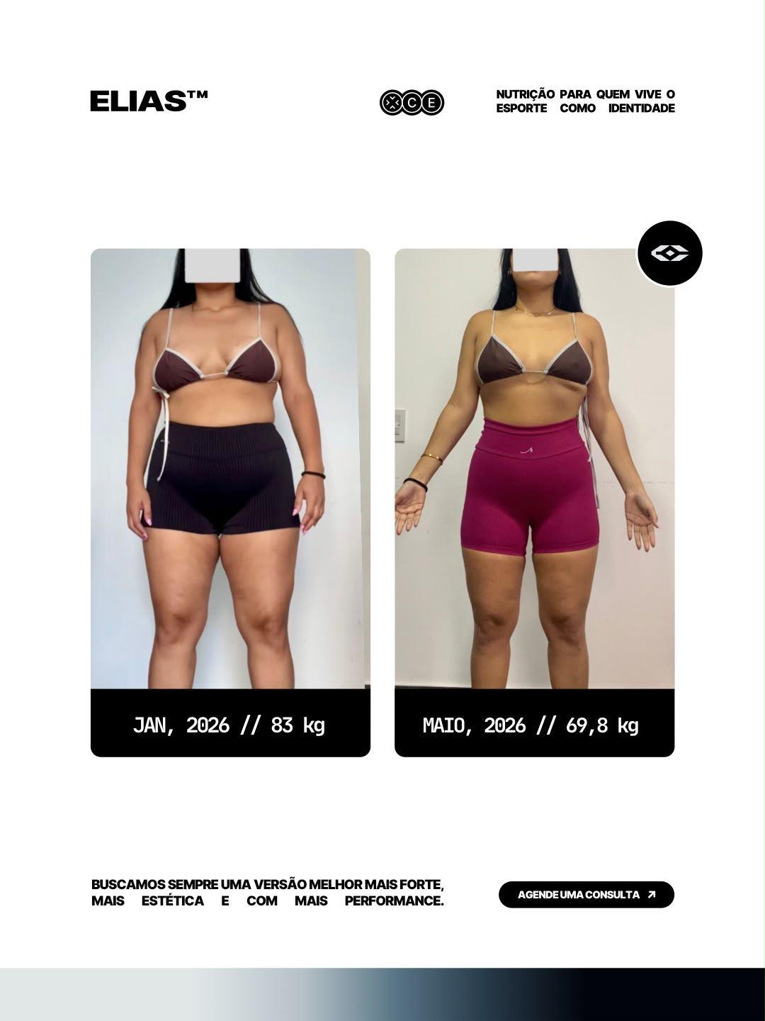 Transformação Emagrecimento Feminino — Jan, 2026 · 83 kg → Mai, 2026 · 69,8 kg