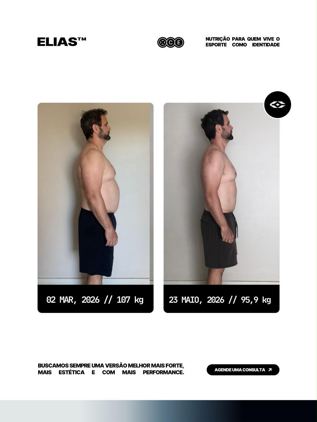 Transformação Emagrecimento Masculino — 02 Mar, 2026 · 107 kg → 23 Mai, 2026 · 95,9 kg