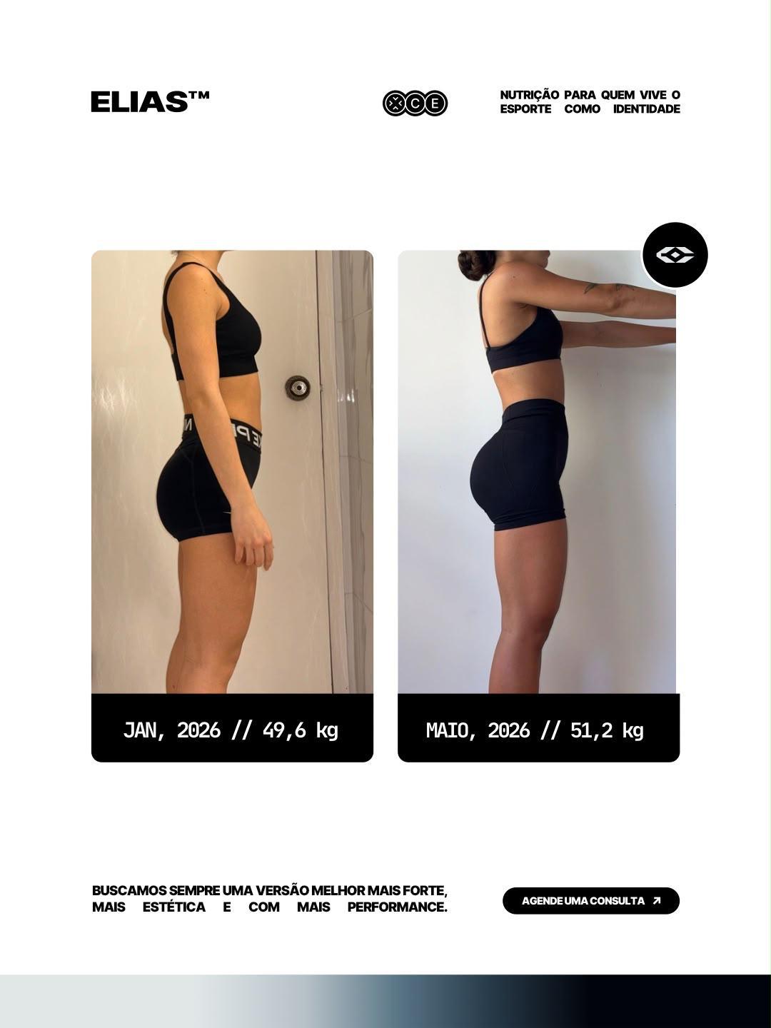 Transformação Hipertrofia Feminina — Jan, 2026 · 49,6 kg → Mai, 2026 · 51,2 kg
