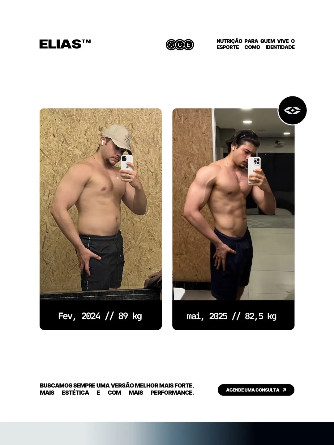 Transformação Carlos Elias — Fev/2024 89kg → Mai/2025 82,5kg