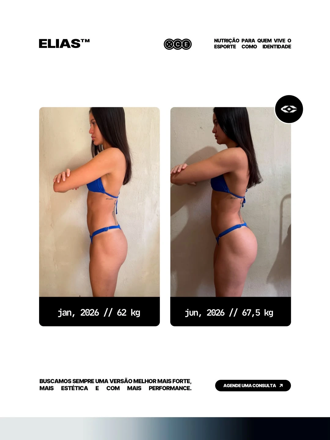 Transformação Hipertrofia Feminina — Jan, 2026 · 62 kg → Jun, 2026 · 67,5 kg