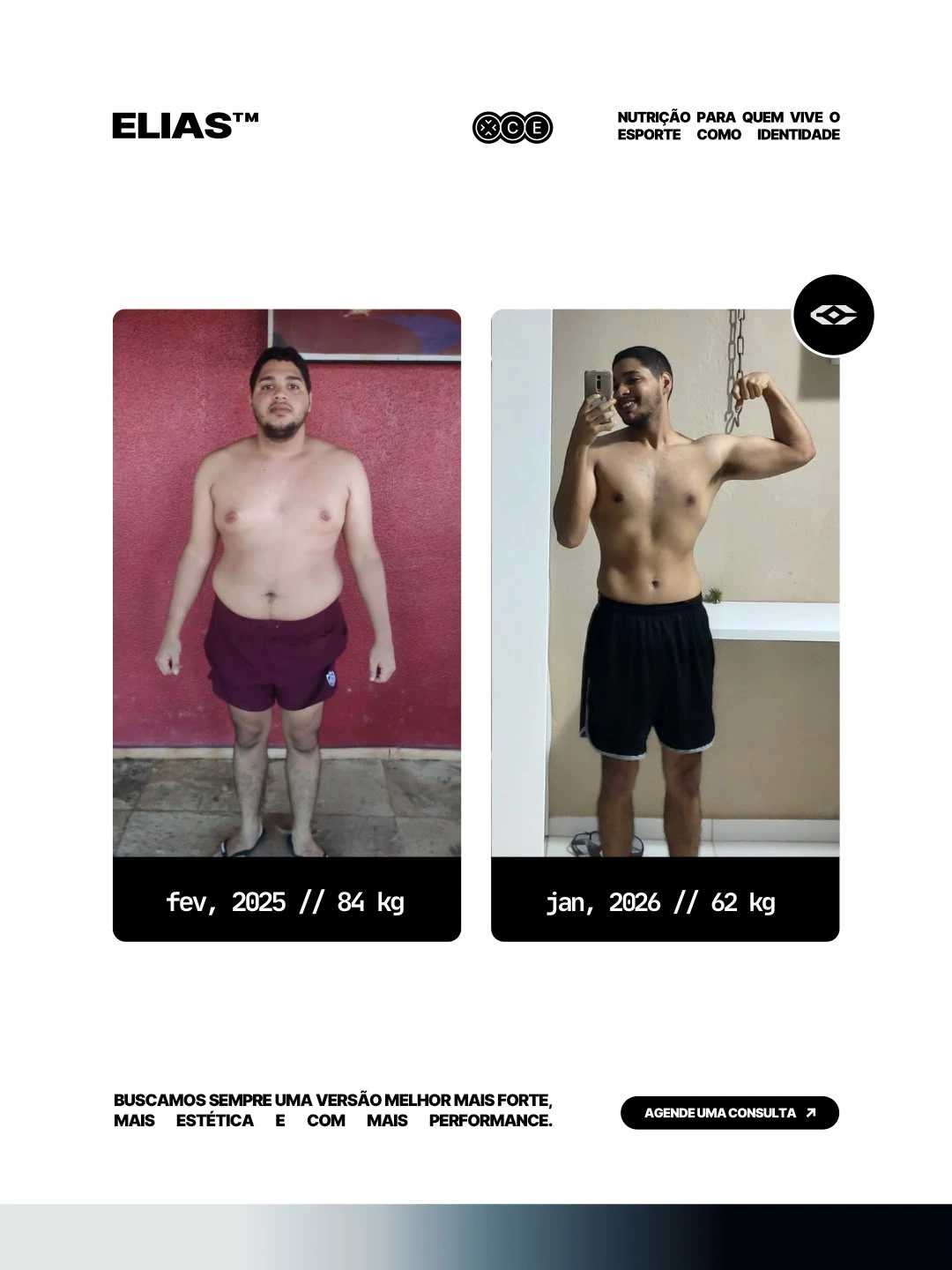Transformação Emagrecimento — Fev, 2025 · 84 kg → Jan, 2026 · 62 kg